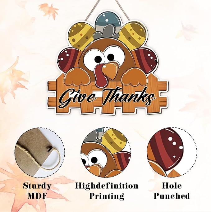Give Thanks Sign Turkey Front Door Decor Thanksgiving Day Wood Door Hanger, Fall Wooden Thankful Wreath Hanging Decoration for Outdoor Outside Porch, Housewarming Gift-Ruum Studio Home