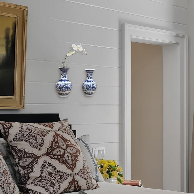 Set of Two Blue and White Porcelain Wall Vases for Flowers – Handmade Chinoiserie Ceramic Wall Mounted Flower Vase, Decorative Hanging Vases for Living Room, Bookshelf & Indoor Décor-Ruum Studio Home