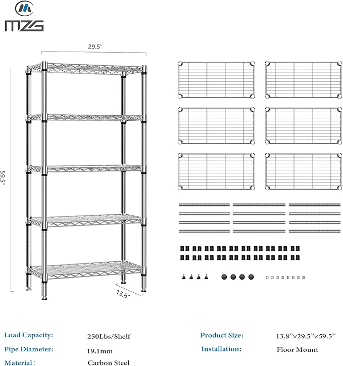 1250 lbs 5 Tier Shelf Metal Storage Shelves Shelving Wire Rack Heavy Duty Closet Organizers for Garage Kitchen Bathroom Laundry Chrome 13.8" D x 29.5" W x 59.5" H-Ruum Studio Home