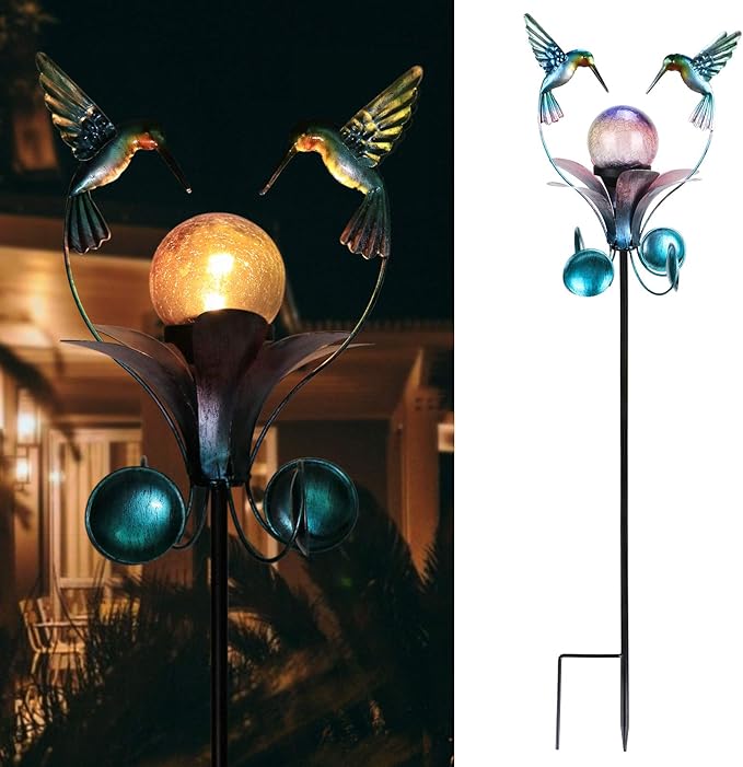 VCUTEKA Solar Lights Outdoor Metal Garden Stake Waterproof Crackle Glass Globe Garden Decor Hummingbird for Pathway, Lawn, Patio, Yard-Ruum Studio Home