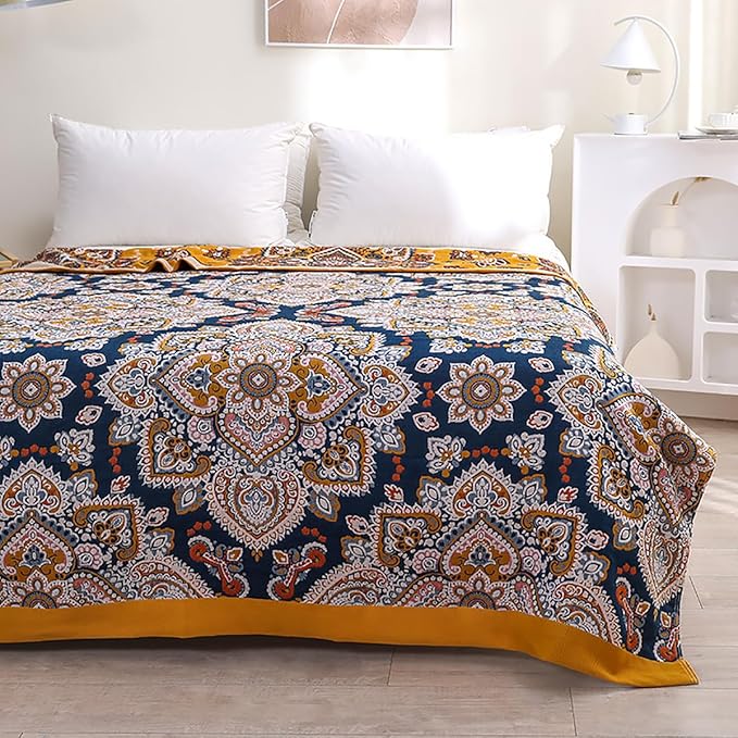 Boho Muslin Blanket for Adults 4-Layer Gauze Twin Size Soft Cozy 100% Cotton Summer Cooling Blanket Bohemian Decor for Sofa Bed Coverlet Both Sides (A Boho Spiral Flower, Twin 60 x 80 in)-Ruum Studio Home