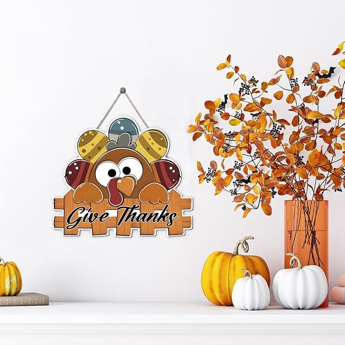 Give Thanks Sign Turkey Front Door Decor Thanksgiving Day Wood Door Hanger, Fall Wooden Thankful Wreath Hanging Decoration for Outdoor Outside Porch, Housewarming Gift-Ruum Studio Home