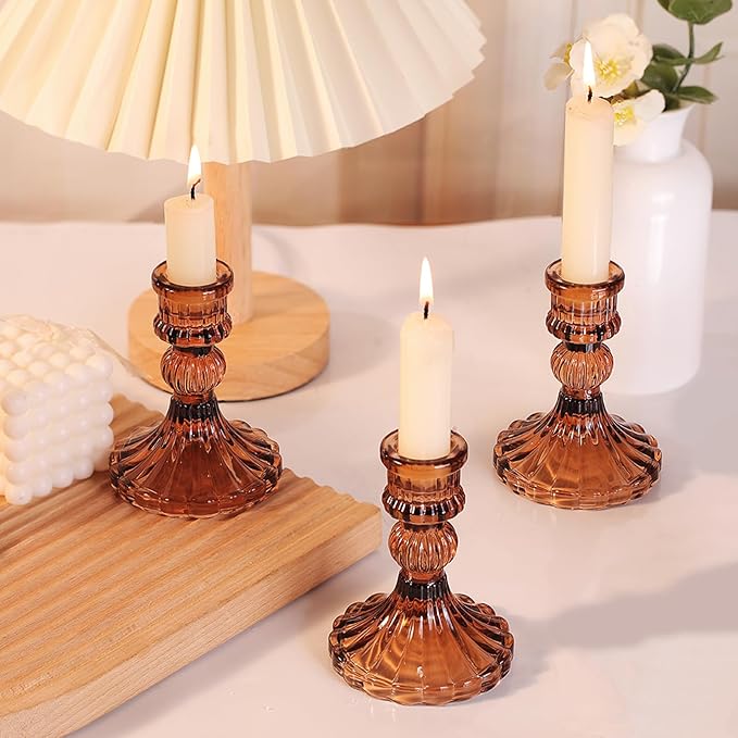 12PCS Amber Candlestick Holders Set- 4" H Taper Candle Holders, Glass Candle Holders Bulk for Wedding, Party, Fall Home Table Centerpieces, Festival Gifts & Windowsill Decor-Ruum Studio Home