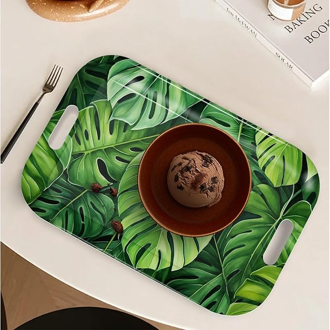 Serving Trays with Handles, 14.5 x 9.8 inch Rectangular Plastic Tray for Restaurant, Kitchen, Tropical Leaf Pattern Monstera in The Style-Ruum Studio Home