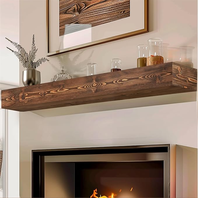 72x8x5 Fireplace Mantel - Handcrafted Hollow Rustic Solid Wood Wall Mounted Floating Shelf with Invisible Heavy Duty Wood Bracket (Weathered Brown)-Ruum Studio Home