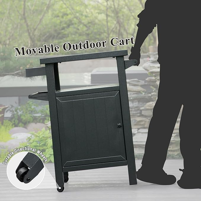 Domi Grill Carts Outdoor with Storage and Wheels, Whole Metal Portable Table and Storage Cabinet for BBQ,Deck,Patio,Backyard(Dark Grey)-Ruum Studio Home