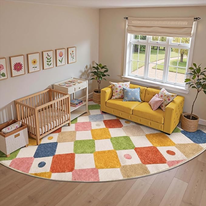 jinchan Kids Rug for Classroom 8ft Radius Corner Washable Area Rug Modern Colorful Quarter Circle Rug Soft Non-Slip Carpet for Nursery Playroom Daycare Reading Nook Living Room Circus on Cream-Ruum Studio Home