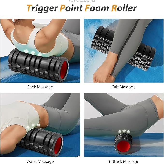 5 in1 Foam Roller Set, Trigger Point Foam Roller, Massage Roller Stick, Massage Ball, Resistance Band for Deep Muscle Massage Pilates Yoga,Fitness Exercise for Whole Body (Black-Red)-Ruum Studio Home