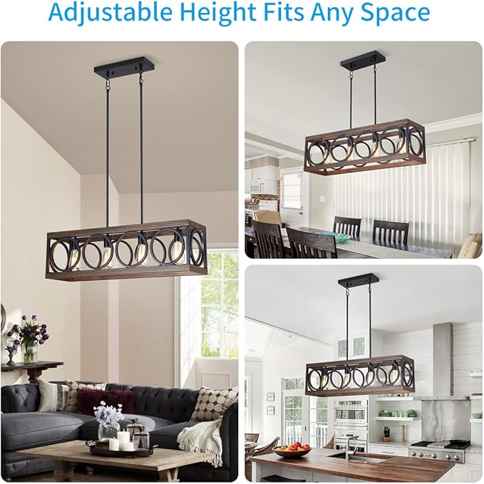 XINGQI Black Kitchen Island Light Fixtures, Farmhouse Dining Room Chandelier Rectangular Linear Chandeliers Pendant Ceiling Light Fixture for Bar Office Coffee Shop 4-Light Wood Grain-Ruum Studio Home