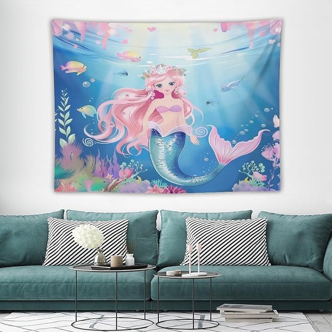 HZOHNAGO Mermaid Girls Tapestry Watercolor Mermaid Princess Pattern Printed Wall Tapestry Wall Hanging for Bedroom Living Room Dorm 80" W x 60" H-Ruum Studio Home