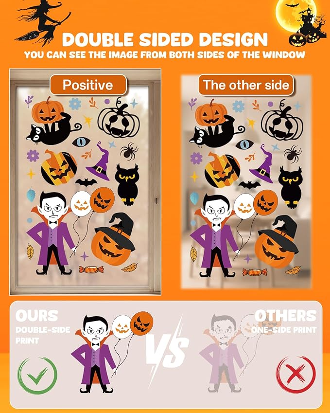 Halloween Window Clings - 9 Sheets 213 Pcs Happy Halloween Window Decorations Indoor for Home Party Eyes Pumpkin Ghost Bats Witch Stickers for Glass Double-Sided Removable Static Glass Decals-Ruum Studio Home