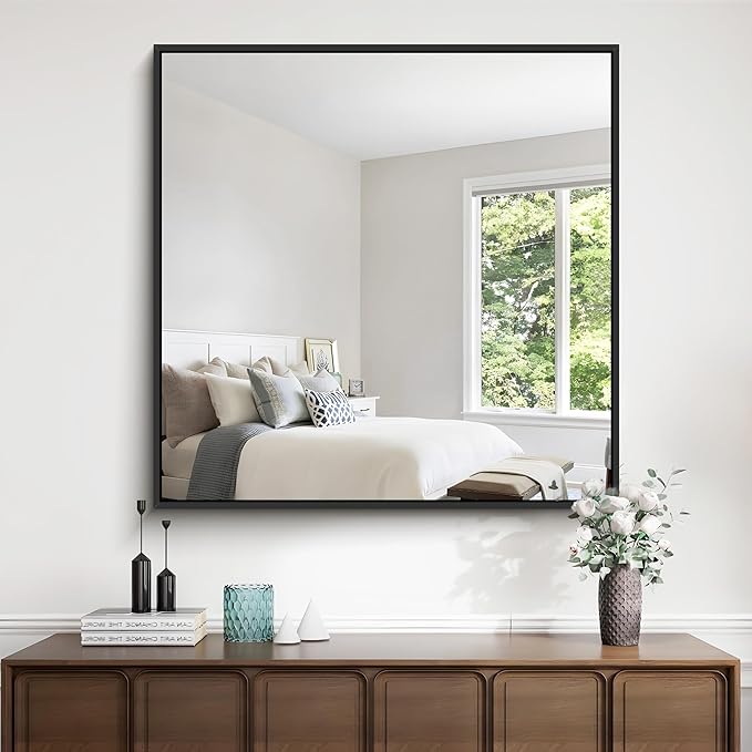 Black Bathroom Mirror for Wall, 30x30 Inch Rectangle Mirrors with Metal Frame, Modern Vanity Wall Square Mirror for Bathroom Living Room, Entryway Hangs Horizontal or Vertical-Ruum Studio Home