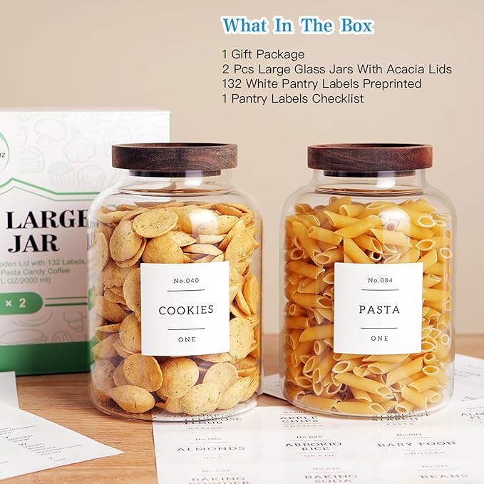 Set Of 2 Large Glass Jar with Wooden Lid with 132 Labels, Glass Storage Jars for Flour Pasta Candy Coffee Cookie and More(70 FL OZ/2000 ml)-Ruum Studio Home