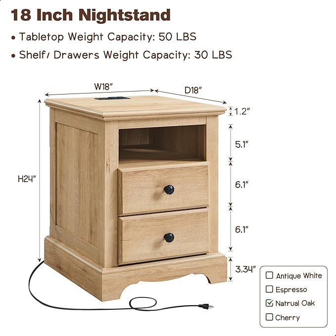 T4TREAM Nightstand with Charging Station, 18 Inch Vintage End Table with 2 Drawers, Wood Rustic Sofa Side Table with Open Storage Shelf for Bedroom, Living Room, Natural Oak-Ruum Studio Home