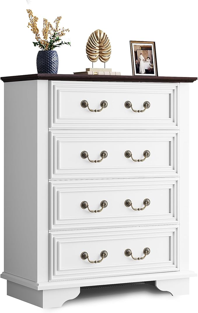 WLIVE Farmhouse Dresser for Bedroom, Tall Wood Dresser with 4 Drawers, Chest of Drawers with Roman Metal Handle for Living Room, Hallway, Closet, White-Ruum Studio Home
