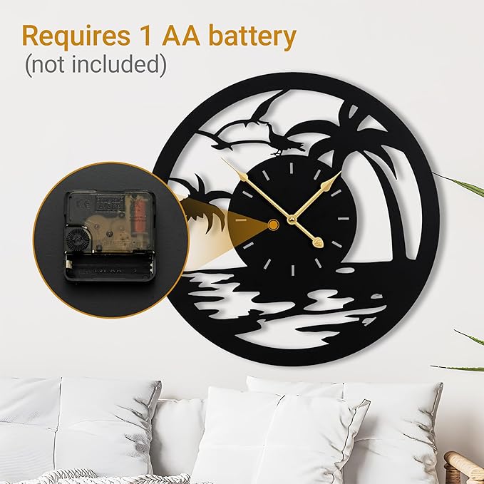 20inches/50cm Wall Clocks Palm Tree Battery Powered No Ticking Silent Round Black Modern Unique Metal Wall Clocks Suitable Living Room Kitchen Bedroom Fireplace Office Farmhouse。-Ruum Studio Home