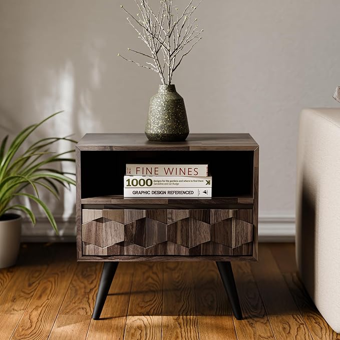 Bme Georgina Solid Wood Nightstand with 1 Drawer & Open Shelf- Fully Assembled Mid Century Modern Side Table - Geometric Pattern Bedside Dresser for Bedroom and Living Room, Mocha-Ruum Studio Home