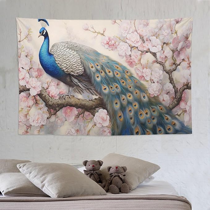 Peacock Tapestry Peacock Tapestries Fabric Wall Hanging Aesthetic Space Garden Indoor Outdoor Wall Art Tablecloth Bedspread Decoration for Bedroom Dormitory Living Room Home Decor 60"x90"-Ruum Studio Home