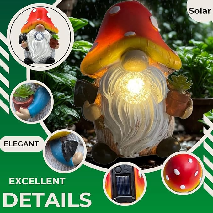 Solar Mushroom Gnomes Garden Statues Outdoor Decor with Night Glow,Cute Fairy Garden Statues for Yard,Pathway,Lawn Art Ornamen,Spring,Easter,Birthday Christmas Women Mom Gift Idea (Red)-Ruum Studio Home