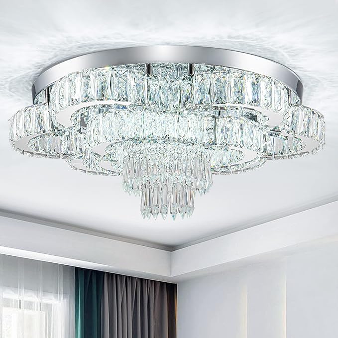 21 Inch Crystal Chandelier LED Flush Mount Ceiling Light Fixtures Luxury Chandeliers for Living Room Bathroom Bedroom Entrance Dining Room(Cool White)-Ruum Studio Home