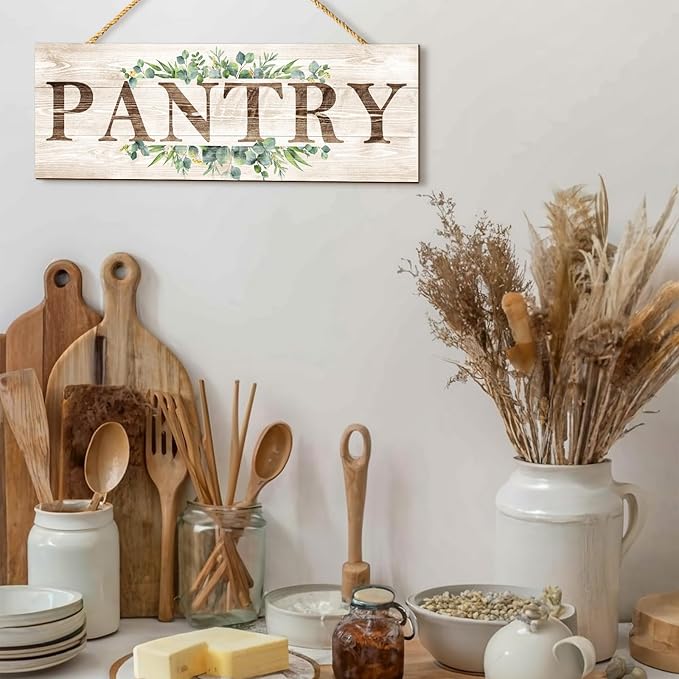 Pantry Sign Wall Decor, Pantry Wall Art with Plant Print, Rustic Farmhouse Wall Hanging Plaque Home Kitchen Decorative Pantry, 4.7 x 13.7 inches-Ruum Studio Home