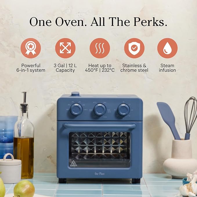 Our Place Wonder Oven | 6-in-1 Air Fryer & Toaster Oven with Steam Infusion | Compact, Countertop Friendly, Fast Preheat, Multifunctional | Air Fry, Toast, Roast, Bake, Reheat & Broil | Blue Salt-Ruum Studio Home