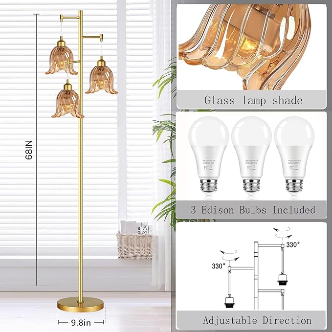 Gold Floor Lamp for Living Room,Bedroom,Tree 3 Light Standing Lamp Mid Century Modern Brass Tall Floor Lamps Vintage Retro Floor Lights Glass Flower Amber Lamp Shade Farmhouse Boho Bohemian-Ruum Studio Home