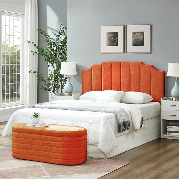 24KF Orange Teddy Fabric Tufted for Queen Upholstered Headboard, Modern Vertical Channel Design Full Headboard with Stepped Silhouette Top Edge,6026-Q-Teddy Orange-Ruum Studio Home