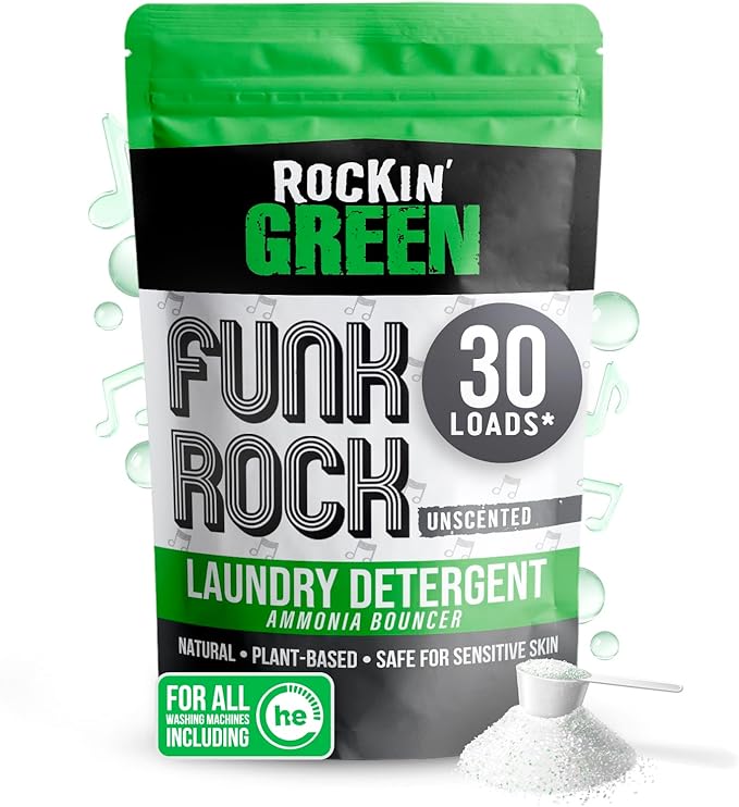 Rockin' Green Laundry Detergent, Plant based, All Natural Laundry Detergent Powder, Vegan and Biodegradable Odor Fighter, Safe for Sensitive Skin (Funk Rock Ammonia Bouncer 30 Loads - Unscented)-Ruum Studio Home