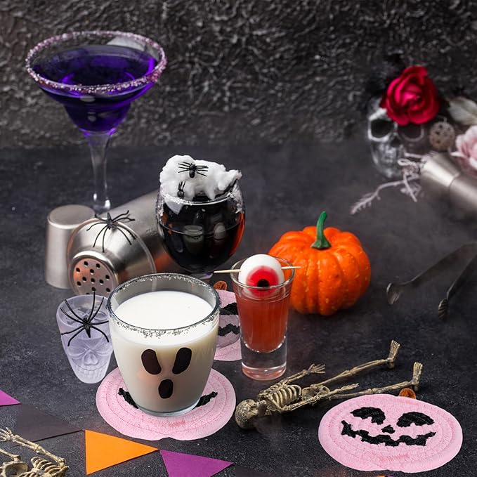 Whaline Halloween Pumpkin Cotton Coasters Pink Pumpkin Face Handmade Braided Drink Coasters Absorbent Cup Mats for Trick or Treat Party Home Table Decor, Set of 4-Ruum Studio Home