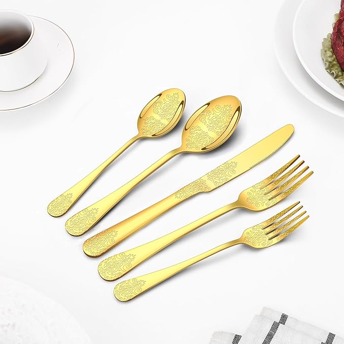 20 Pcs Gold Silverware Set for 4 with Classical Flower Embossed Design, Food Grade Stainless Steel Flatware Set, Eating Utensils Sets Include Fork/Knife/Spoon, Cutlery Set, Dishwasher Safe-Ruum Studio Home