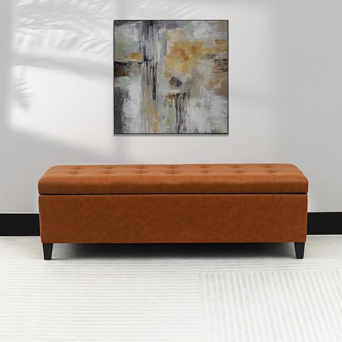 Joveco 51 Inch Storage Ottoman Bench,Tufted Leather Storage Bench for Bedroom (51”,Dark Orange)-Ruum Studio Home