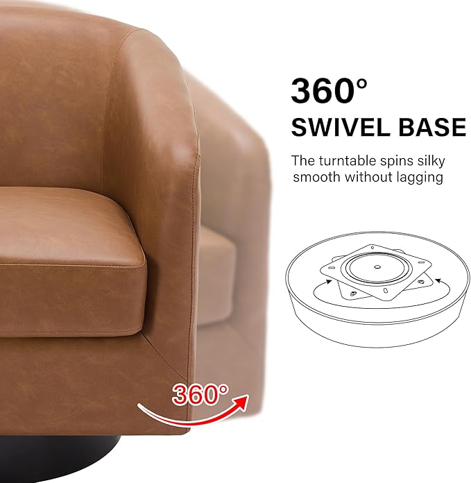 Swivel Barrel Accent Chair, Modern Round Faux Leather Arm Chair for Living Room, Bedroom, Comfy Club Reading Chairs for Adults, Faux Leather Brown, Set of 2-Ruum Studio Home