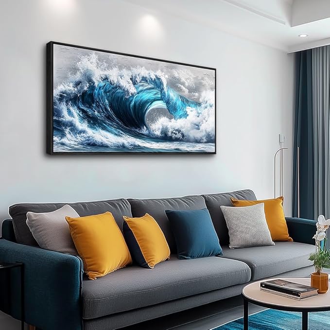 PHAOHUAXM Large Canvas Wall Art For Living Room Wall Decor For Bedroom Ocean Inspiration Wall Pictures Office Mural Decorations Posters Blue Wave Paintings Modern Home Decor Black Framed 24x48 In-Ruum Studio Home