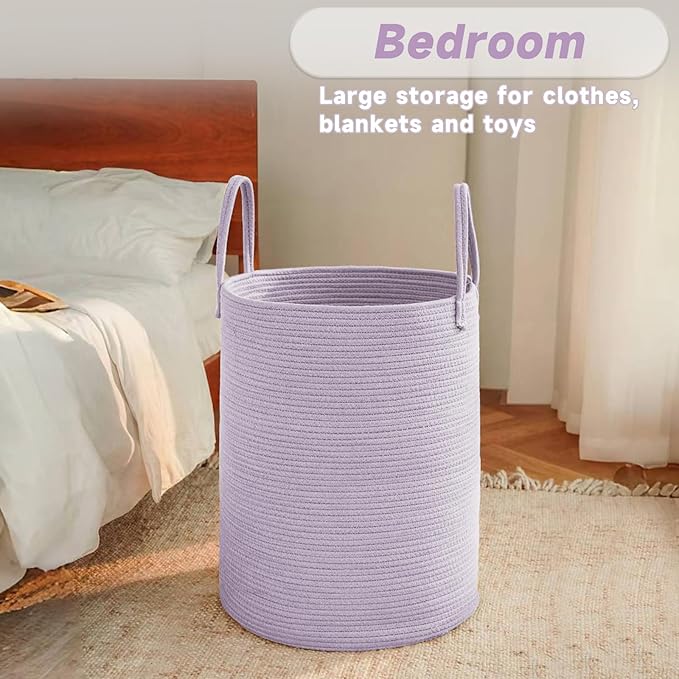 Large Woven Laundry Basket Hamper,100L Cotton Rope Storage Bin for Blankets,Toys and Clothes,Decorative Tall Nursery Hamper for Living Room,Baby Nursery,Bathroom and Bedroom,Purple-Ruum Studio Home