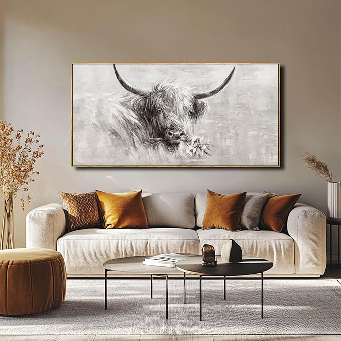 Farmhouse Wall Decor Framed Cow Artwork Grey Vintage Wall Art Canvas Flower Print Rustic Animal Pictures Style for Bedroom Dining Room 24x48 Inch-Ruum Studio Home