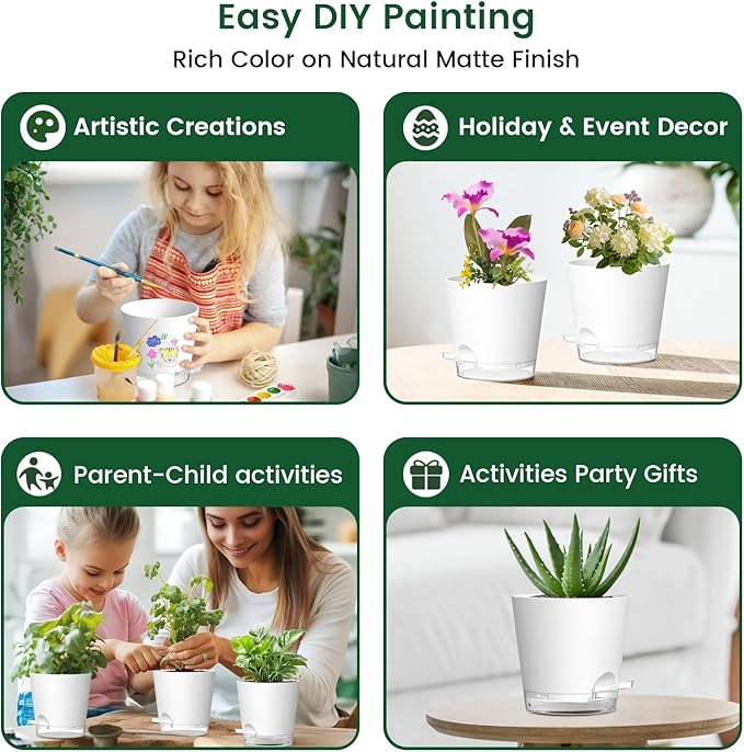 6 inch Self Watering Pots for Indoor Outdoor Plants, 6 Pack Flower Plant Pots with Drainage Holes and Clear Reservoirs, Visible Water Level, Plastic Planters with Wicking Rope, White-Ruum Studio Home