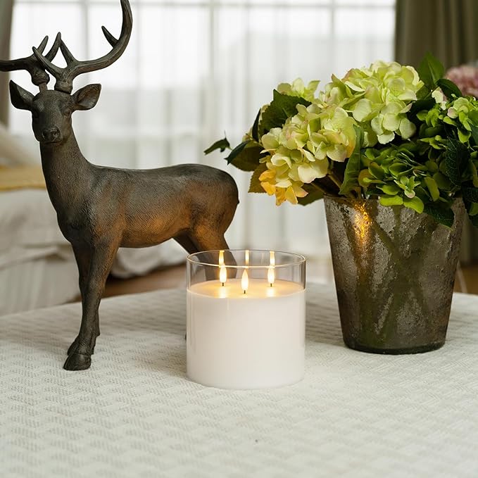 Homemory 6X6'' Extra Large Flameless Candle with 3 Wicks, Glass LED Pillar Candle, Real Wax Battery Operated Candle with Remote Control and Timer, Pure White-Ruum Studio Home