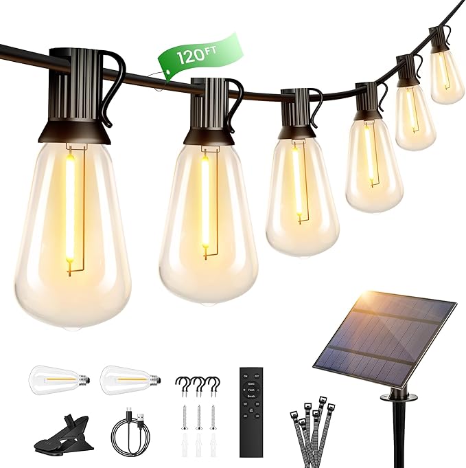 OHLUX 120FT Solar String Lights Outdoor with Remote, 2200K Soft Warm Patio Lights with 52 Shatterproof ST38 Tear-Drop LED Filament Bulbs, Dimmable Outside Edison Hanging Light for Backyard Deck Roof-Ruum Studio Home