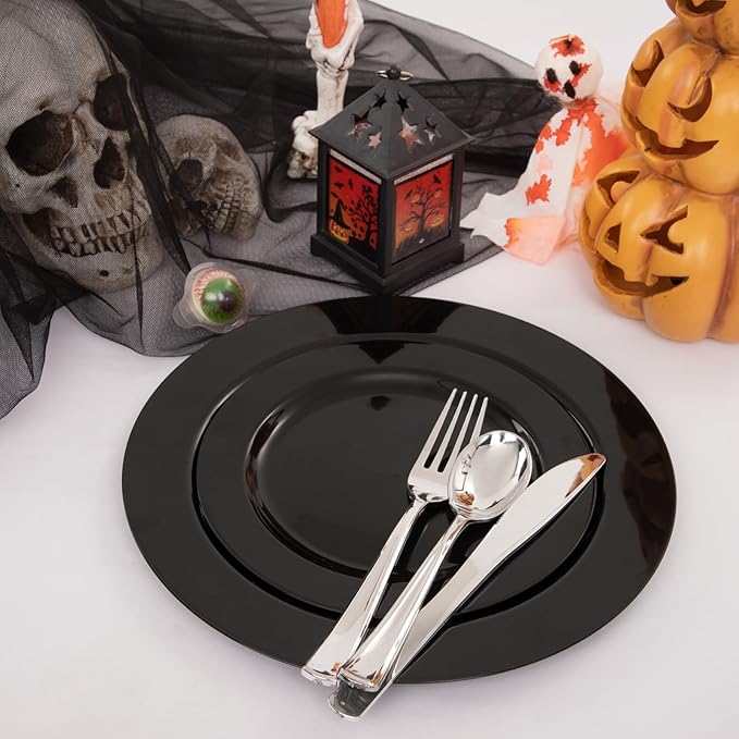 FLOWERCAT 60PCS Black Plastic Plates - Heavy Duty Black Disposable Plates for 30 guests Halloween Party/Wedding/New Year - Include 30PCS 10.25inch Dinner Plates and 30PCS 7.5inch Dessert Plates-Ruum Studio Home