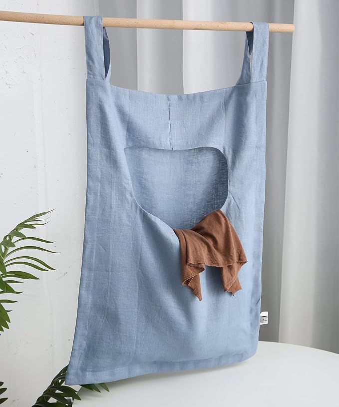 Amazhiyu 100% Linen Door Hanging Laundry Hamper Bag, 19x27 Inches, Steel Blue-Ruum Studio Home