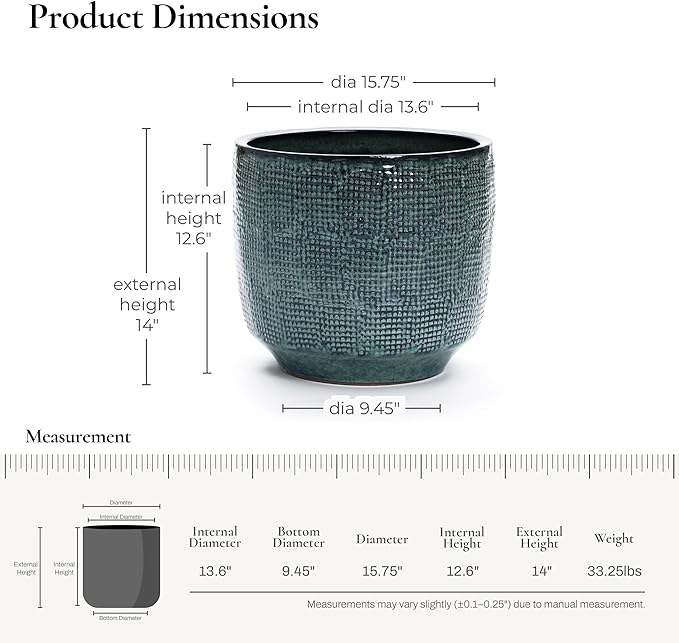 LuxenHome 15.5" Dia Large Ceramic Pots for Plants, Modern Green Glazed Planters for Outdoor Plants, Round Indoor Flower Pots with Drainage Hole and Rubber Plug for Home Garden Patio-Ruum Studio Home
