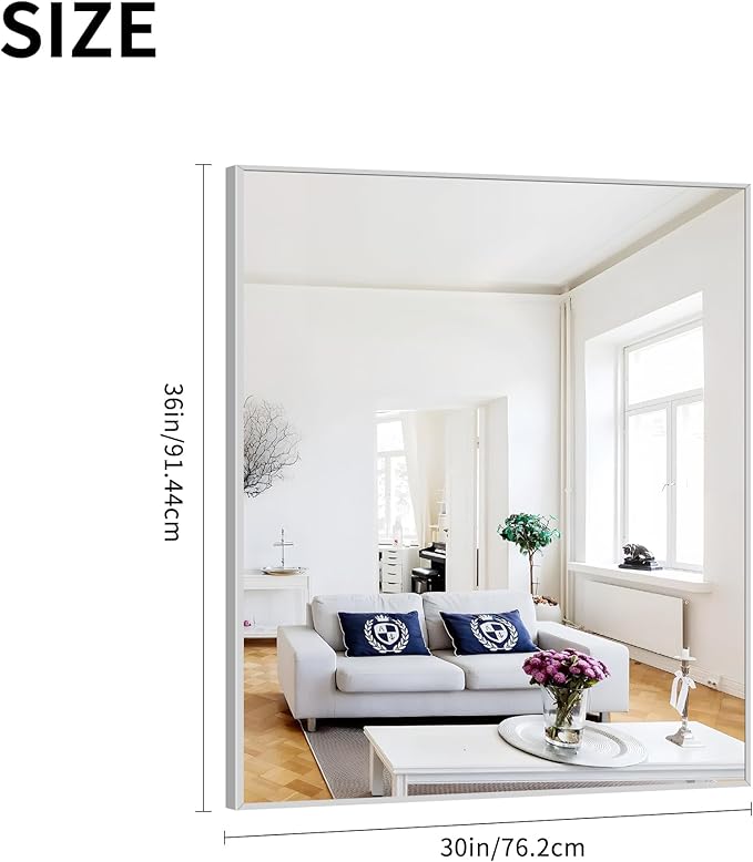 Silver Bathroom Mirror for Wall, 30x36 Inch Rectangle with Metal Frame, Modern Vanity for Bathroom Living Room, Entryway Hangs Horizontal or Vertical-Ruum Studio Home