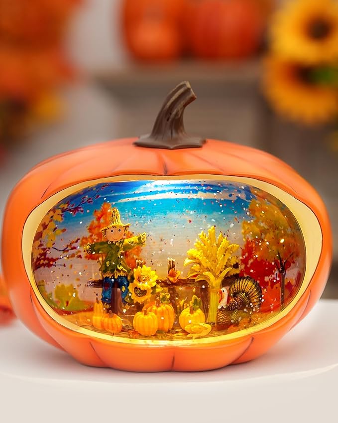 Fall Decor Snow Globe Lighted Pumpkin Thanksgiving Decoration Swirling Glitter Snow Globes Pumpkin Table Accent for Fall Harvest Day Decorations,Pumpkin&Scarecrow-Ruum Studio Home