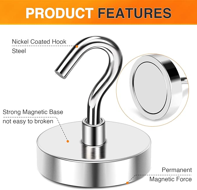 MIKEDE Strong Magnetic Hooks, 110Lbs Heavy Duty Magnetic Hooks for Cruise Cabin, Neodymium Earth Magnets with Hooks for Hanging, Super Metal Industrial Magnetic Hanger for Grill, Cruise, Storage-Ruum Studio Home