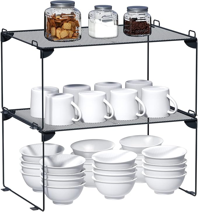 Neudeco Stackable Cabinet Shelf Organizer - 2 Pack Metal Mesh Stacking Shelves for Kitchen, Closet, Bathroom, Countertop and Cabinet -Gray-Ruum Studio Home