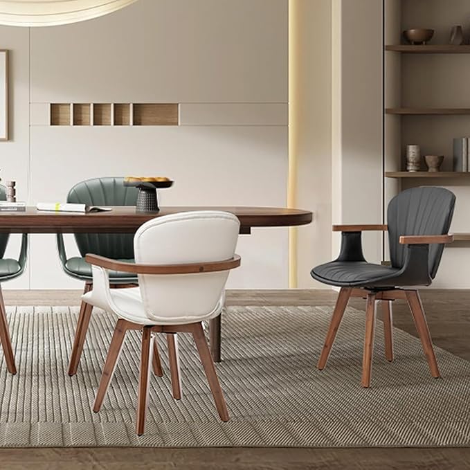 LUNLING Swivel Dining Chairs, Mid Century Modern White Faux Leather Kitchen Chairs with Arms,Bamboo Legs Side Chairs No Wheels,Accent Chair for Dining Rooms and Offices,1PCS-Ruum Studio Home