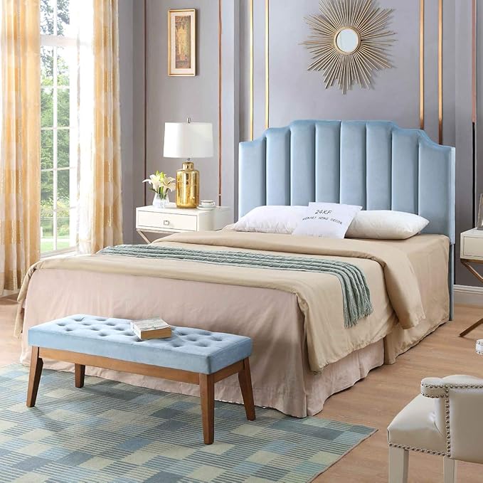 24KF Seaglass Velvet Tufted Queen Upholstered Headboard, Modern Vertical Channel Design California Queen/Full Headboard with Stepped Silhouette Top Edge, Seaglass-Ruum Studio Home
