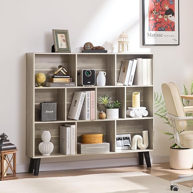 LEYAOYAO 10 Cube Bookshelf,3 Tier Modern Wide Bookcase with Legs,Mid-Century Wood Bookshelves Storage，Retro Grey Large Book Case,Freestanding Organizer Display Shelf for Bedroom,Living Room,Office-Ruum Studio Home