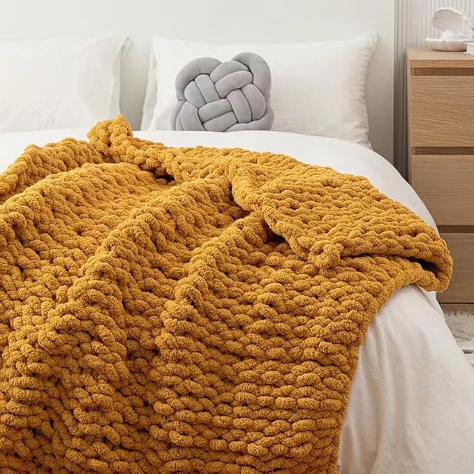Chunky Knit Blanket Throw 40"×40", Hand Knitted Warm Chenille Throw Blanket, Home Decor Soft Thick Yarn Cable Knit Blanket,Soft Breathable Fleece Banket Christmas for Couch Bed Sofa Best Gift (Yellow)-Ruum Studio Home